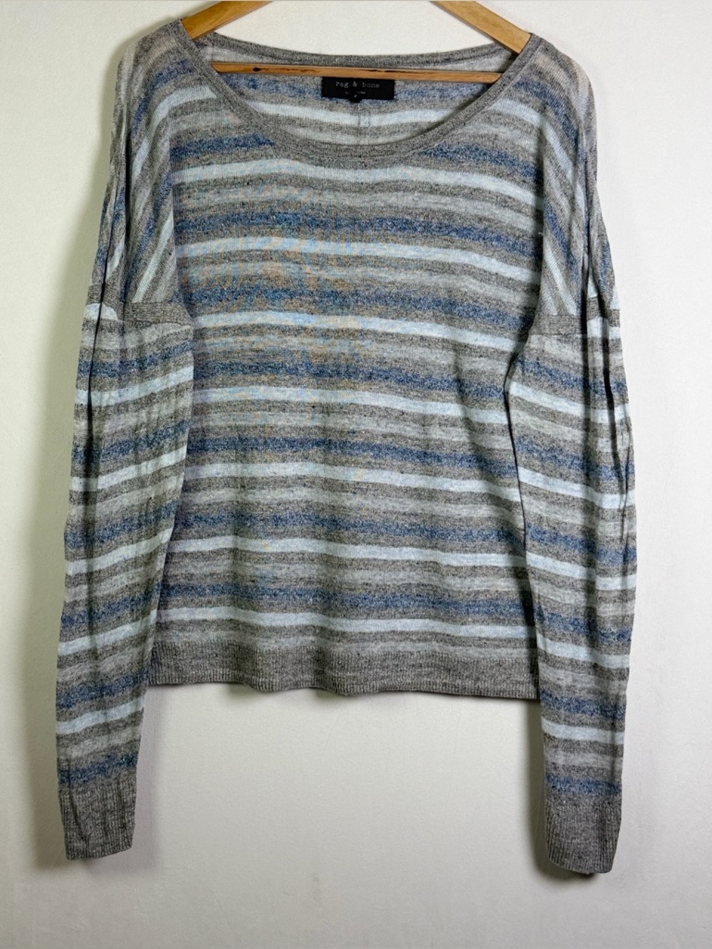 Rag & Bone Women’s Striped 100% Linen Knit Sweater Sz M Gray Blue Coastal *Flaw - Picture 2 of 9